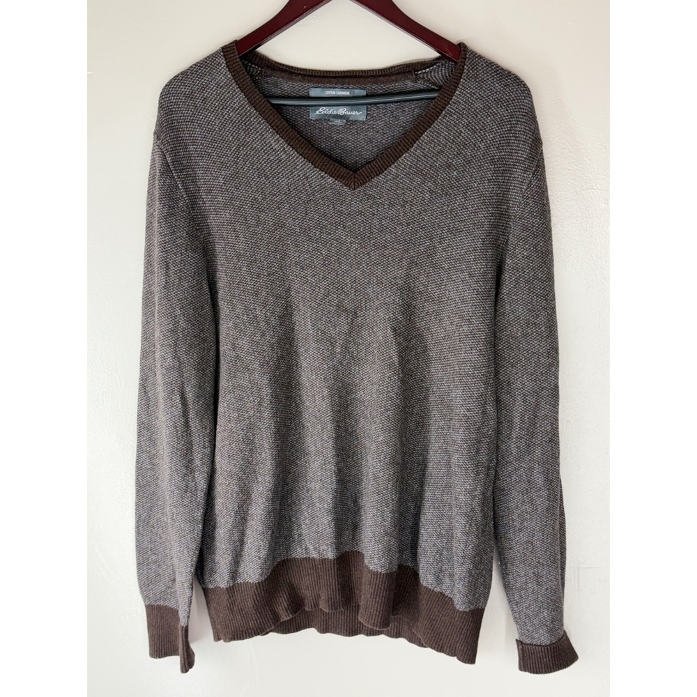 Eddie Bauer Mens Brown Cotton Cashmere V-Neck Sweater Large Micro Knit Raglan